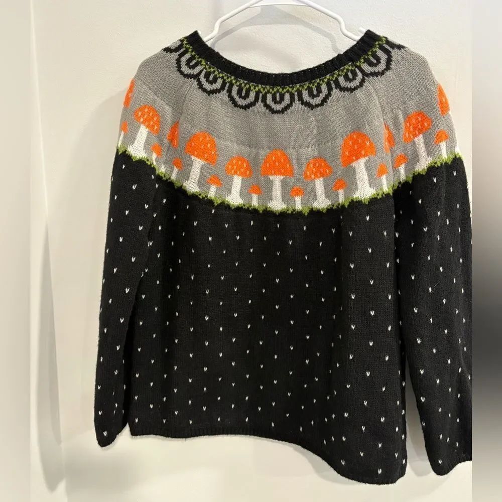 Stylish Black and Gray Sweater with Orange Mushroom Design
